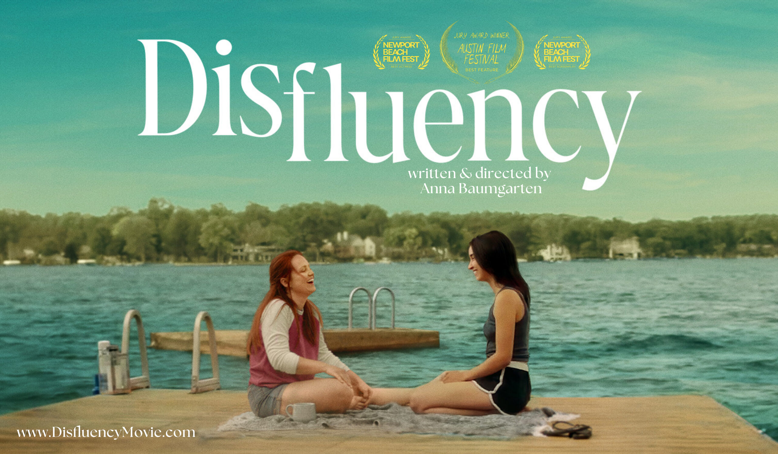 Horizontal movie poster for Disfluency. It shows two young women sitting on a grey towel on a dock, laughing and talking.