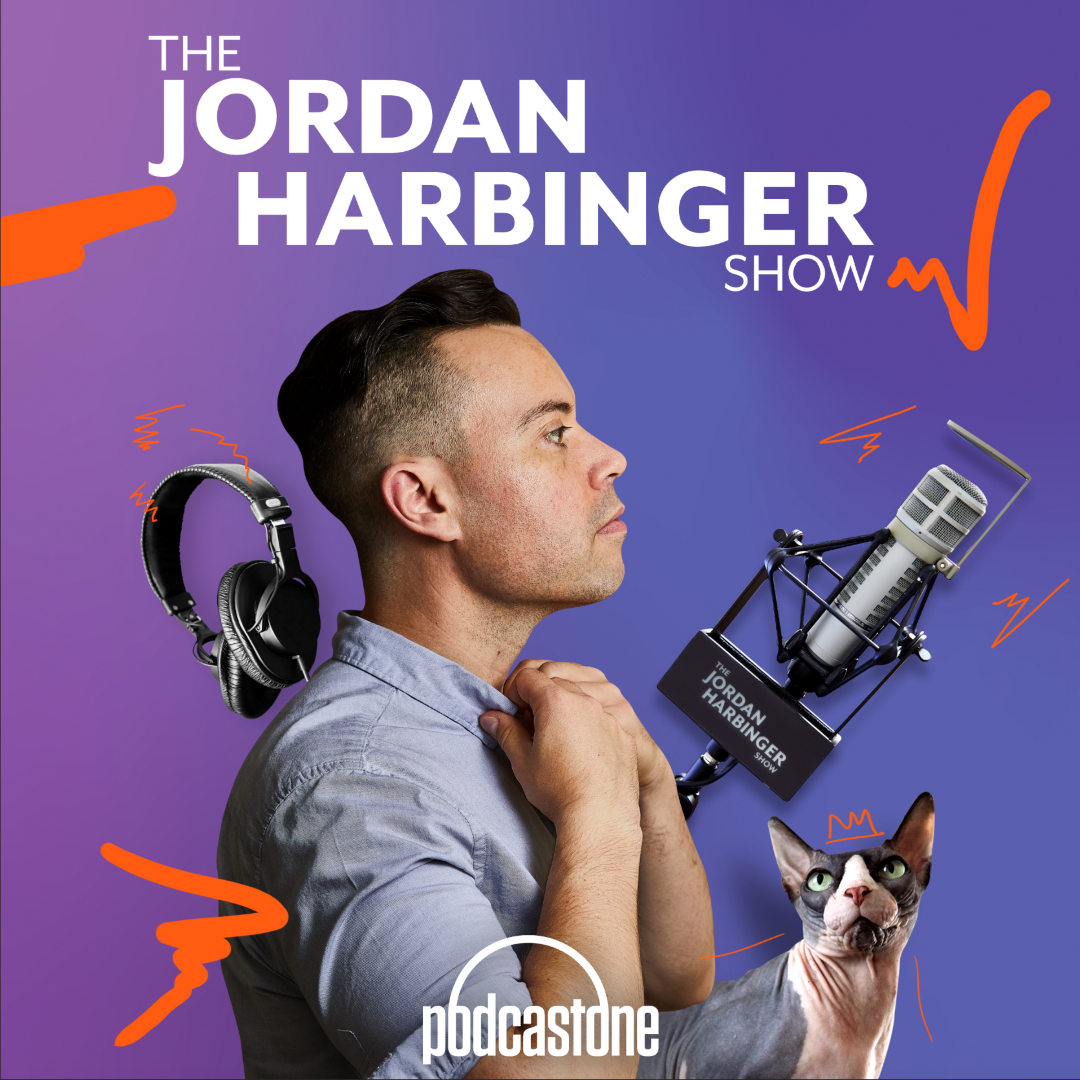 Podcast cover for The Jordan Harbinger Show which shows a side profile of Jordan along with a cat, a podcast microphone, and headphones.
