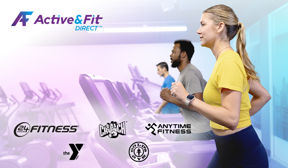 A group of people exercising on treadmills in a bright gym. The foreground features a woman in a yellow top. Logos for Active&Fit Direct, 24 Hour Fitness, Crunch Fitness, Anytime Fitness, Gold’s Gym, and the YMCA are visible.