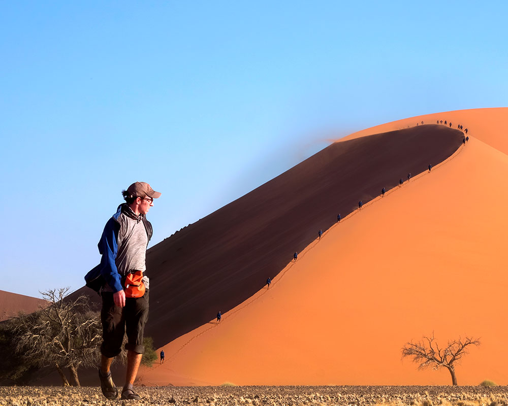 A person dressed in outdoor clothing stands near a sandy area. Behind them, an orange sand dune rises steeply, with a line of hikers making their way along the top. Two small trees are visible at the front of the scene, and the sky is clear blue.