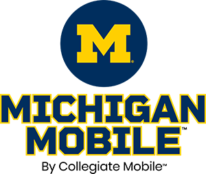 Logo for Michigan Mobile, featuring a Block M in a circle and text beneath it that says, "Michigan Mobile By Collegiate Mobile."
