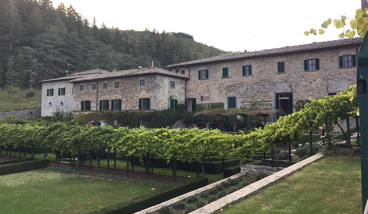 Rustic stone villa with green shutters overlooks a manicured garden and rows of grapevines, set against a wooded hillside.