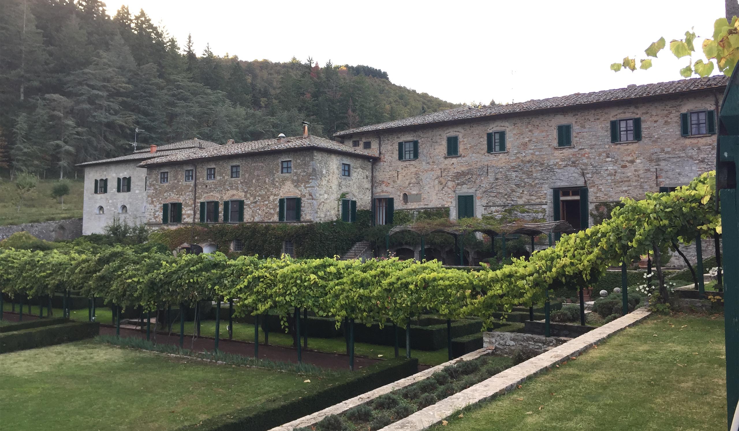 Rustic stone villa with green shutters overlooks a manicured garden and rows of grapevines, set against a wooded hillside.