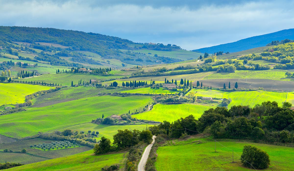 Rolling green hills with patchwork fields and scattered farmhouses stretch into the distance under a cloudy sky, with a winding country road in the foreground.