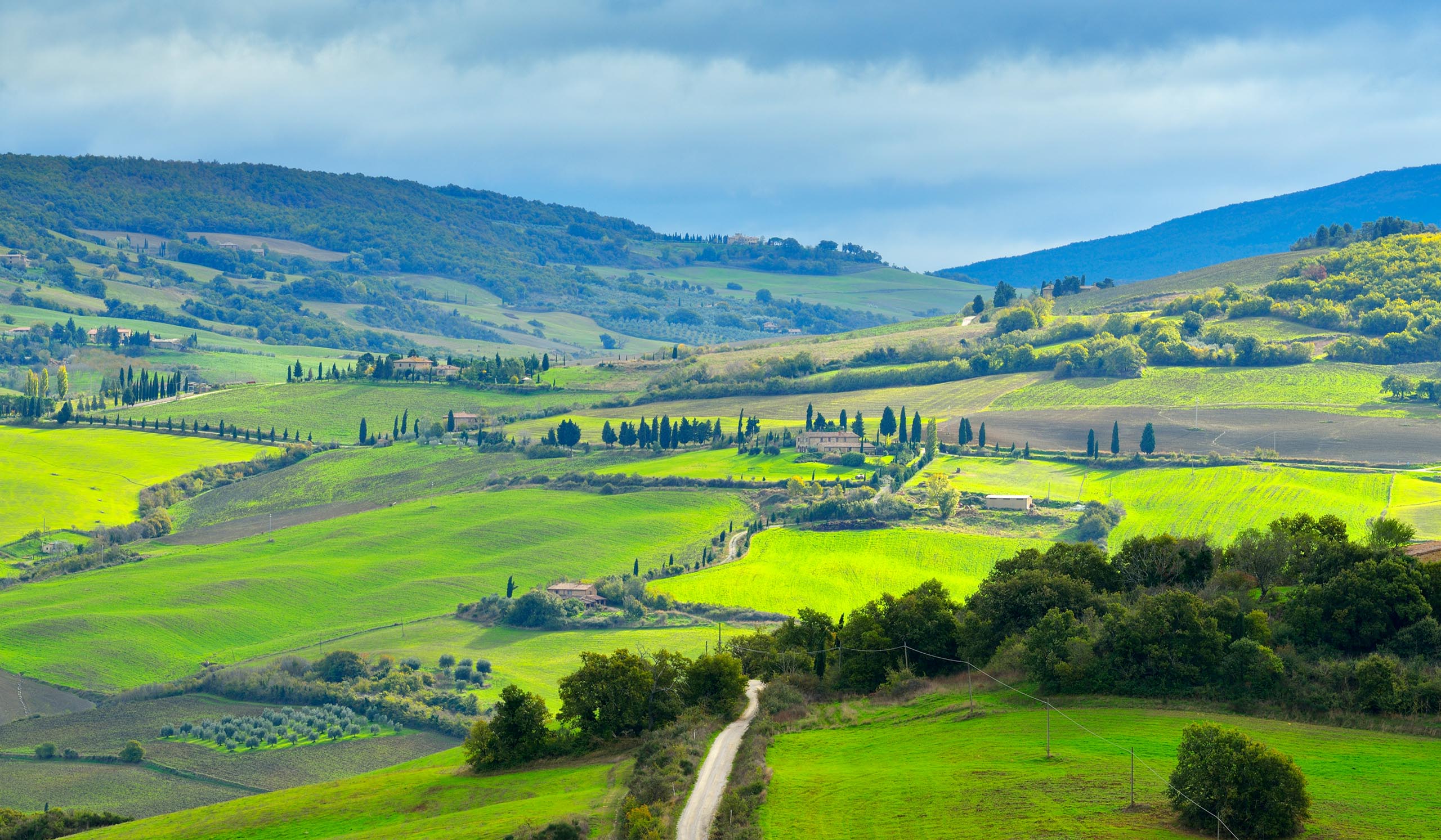 Rolling green hills with patchwork fields and scattered farmhouses stretch into the distance under a cloudy sky, with a winding country road in the foreground.