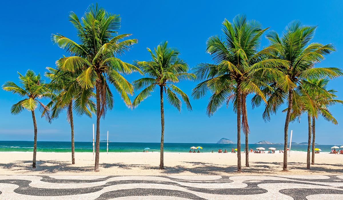 Sunny beach scene with a row of tall palm trees, overlooking white sand, turquoise water, and distant islands under a clear blue sky.