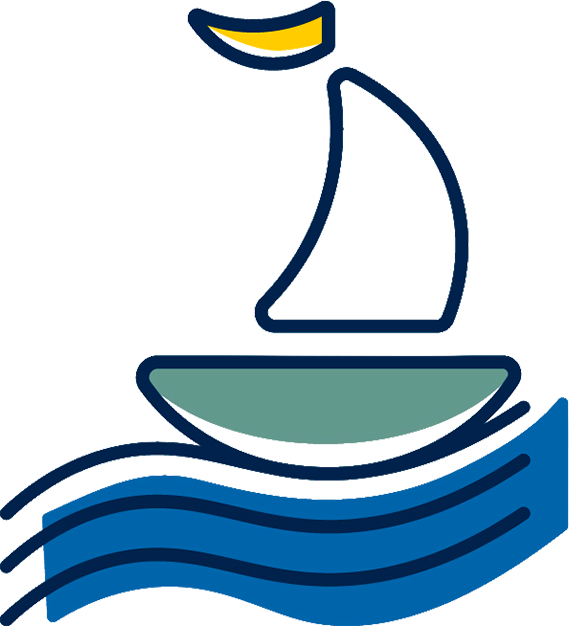 Illustration of a sailboat with a navy hull, large sail, and maize pennant flag, floating on stylized blue waves.
