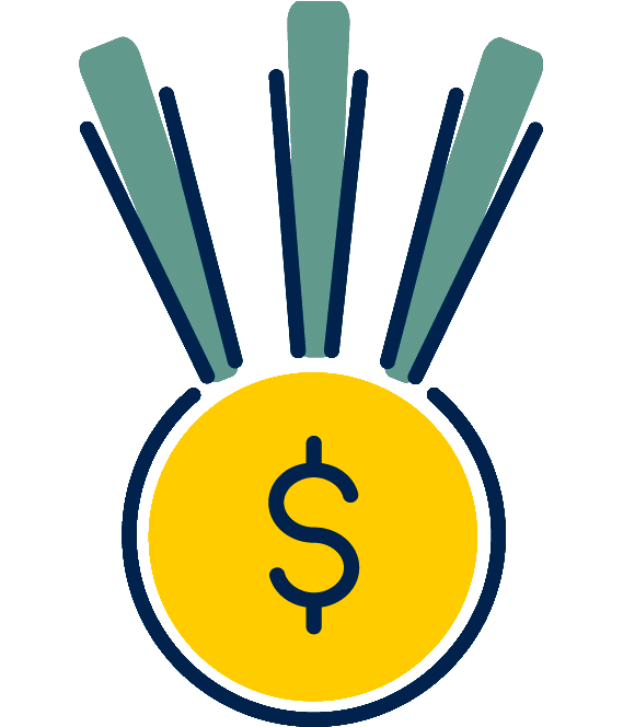 Illustration of a maize medallion with a dollar sign, hanging from teal and navy ribbons.