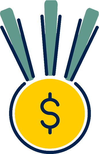 Illustration of a maize medallion with a dollar sign, hanging from teal and navy ribbons.