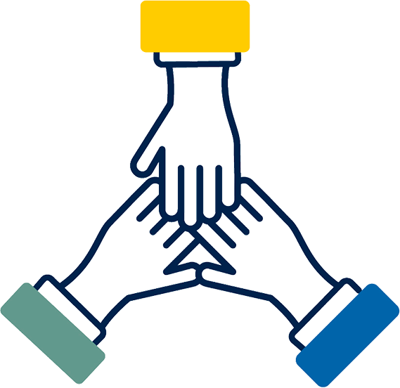 Illustration of three hands stacked together in a team huddle gesture, with maize, teal, and blue sleeves.