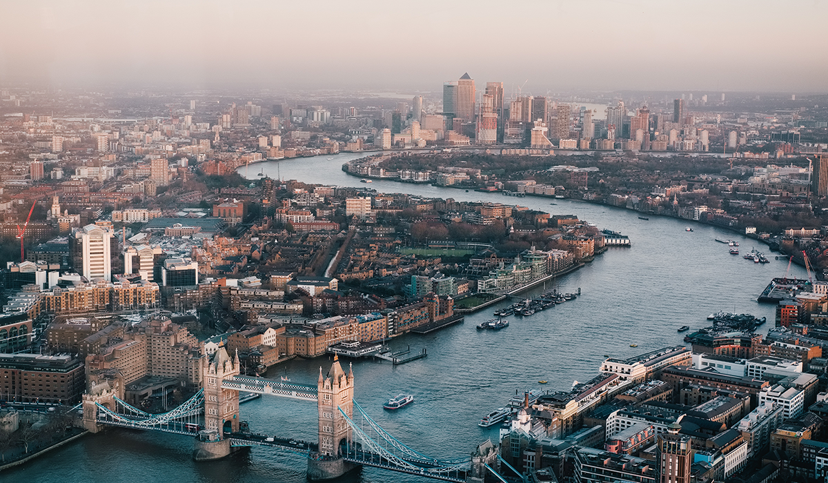 An aerial view of London looking down the River Thames.