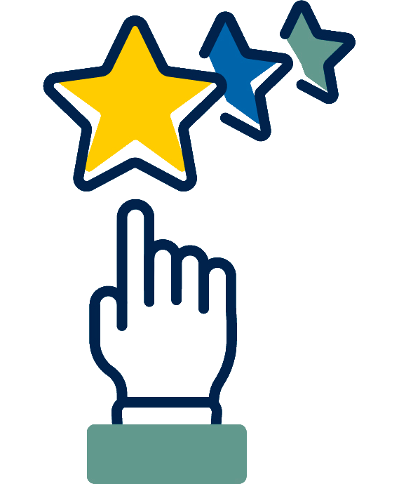 Illustration of a hand pointing upward toward three stars in maize, blue, and teal.