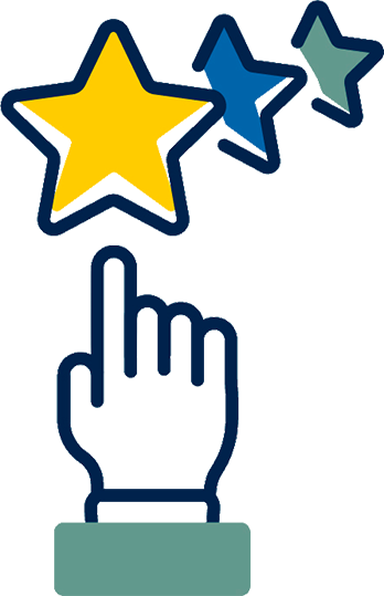 Illustration of a hand pointing upward toward three stars in maize, blue, and teal.