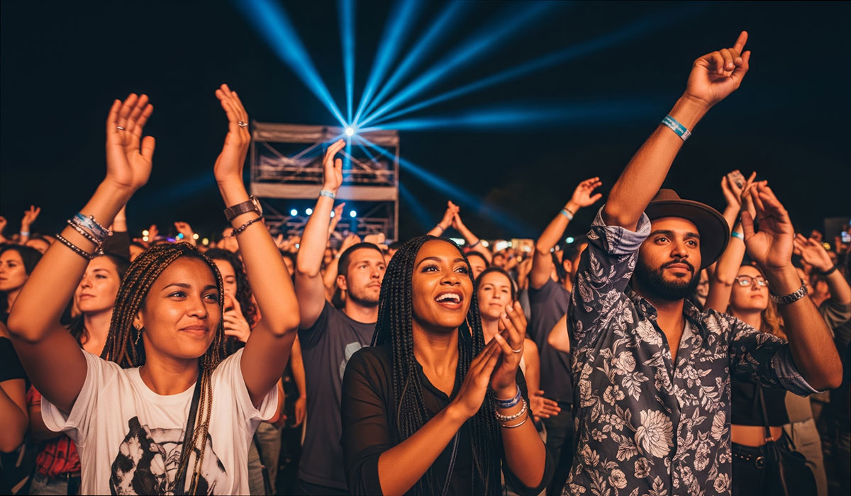 Large group of people attends a lively outdoor concert at night. Many have their hands raised, wearing wristbands and casual clothes. Blue beams of stage light shine overhead.