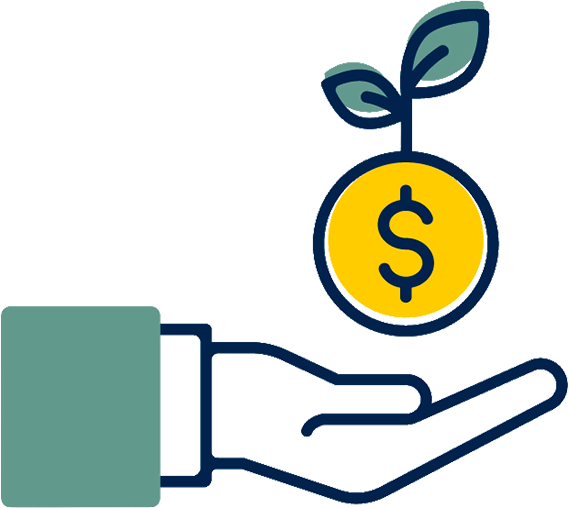 Illustration of an open hand holding a maize coin with a dollar sign, sprouting green leaves.
