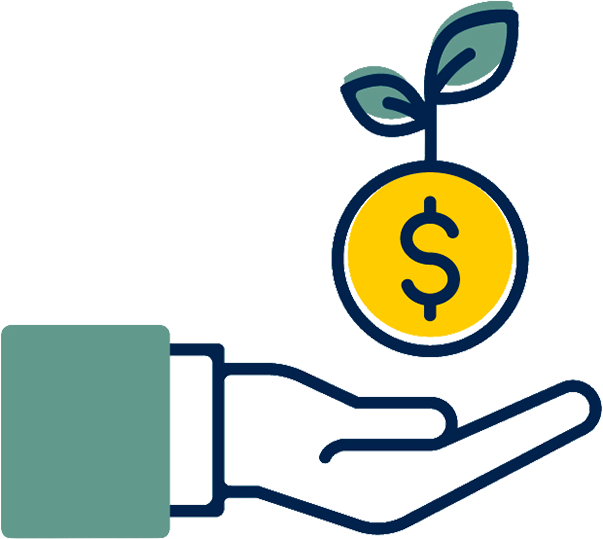 Illustration of an open hand holding a maize coin with a dollar sign, sprouting green leaves.