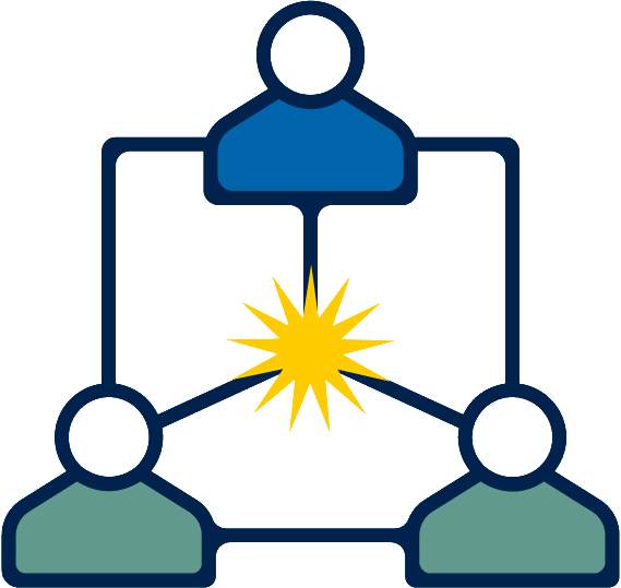 Illustration of three people icons connected by lines around a central maize starburst, representing a network.