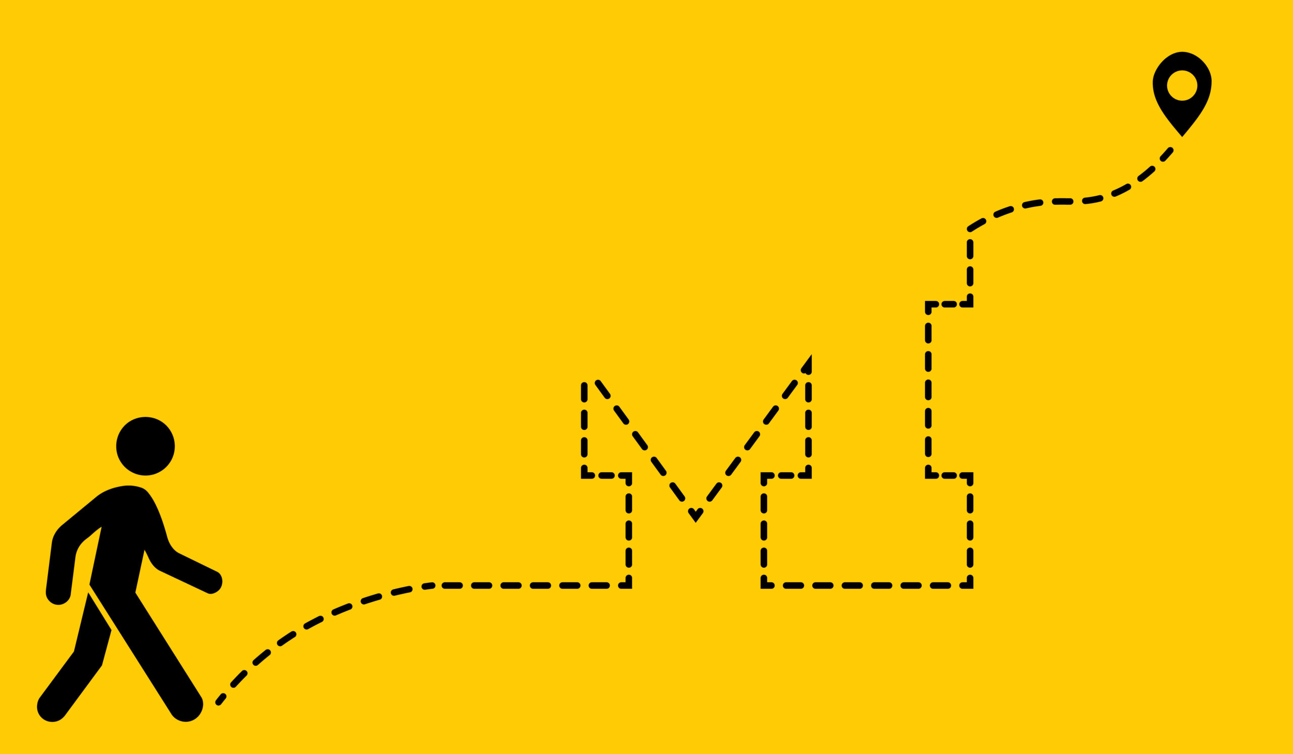 A stick figure walks toward a dashed, stair-like zigzag path ending at a location pin on yellow, symbolizing connection and progress.