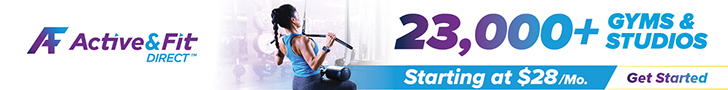 A woman uses a lat pulldown machine. Text: Active&Fit Direct, 23,000+ gyms & studios, starting at $28/mo., get started.