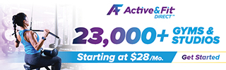 A woman uses a lat pulldown machine. Text: Active&Fit Direct, 23,000+ gyms & studios, starting at $28/mo., get started.