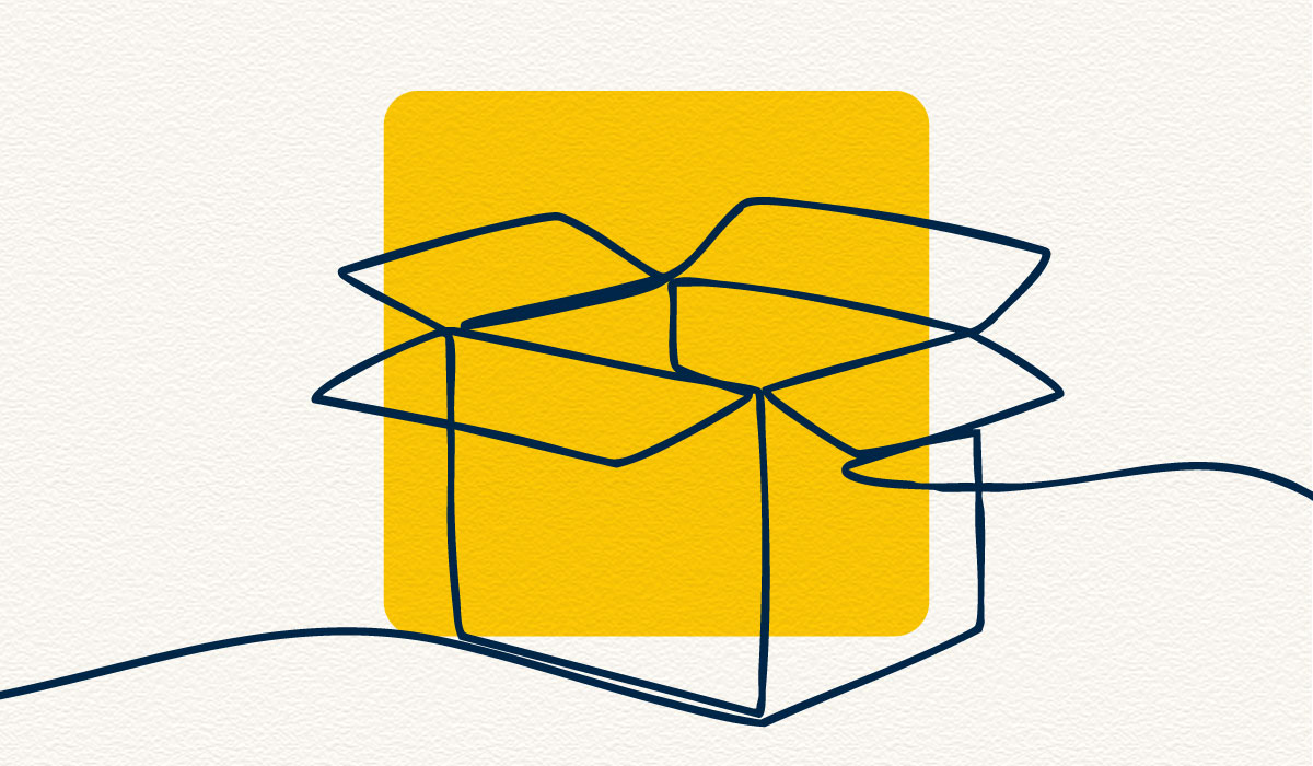 An illustration with a cream-colored, textured background and a maize box that features an open cardboard box coming out of it.