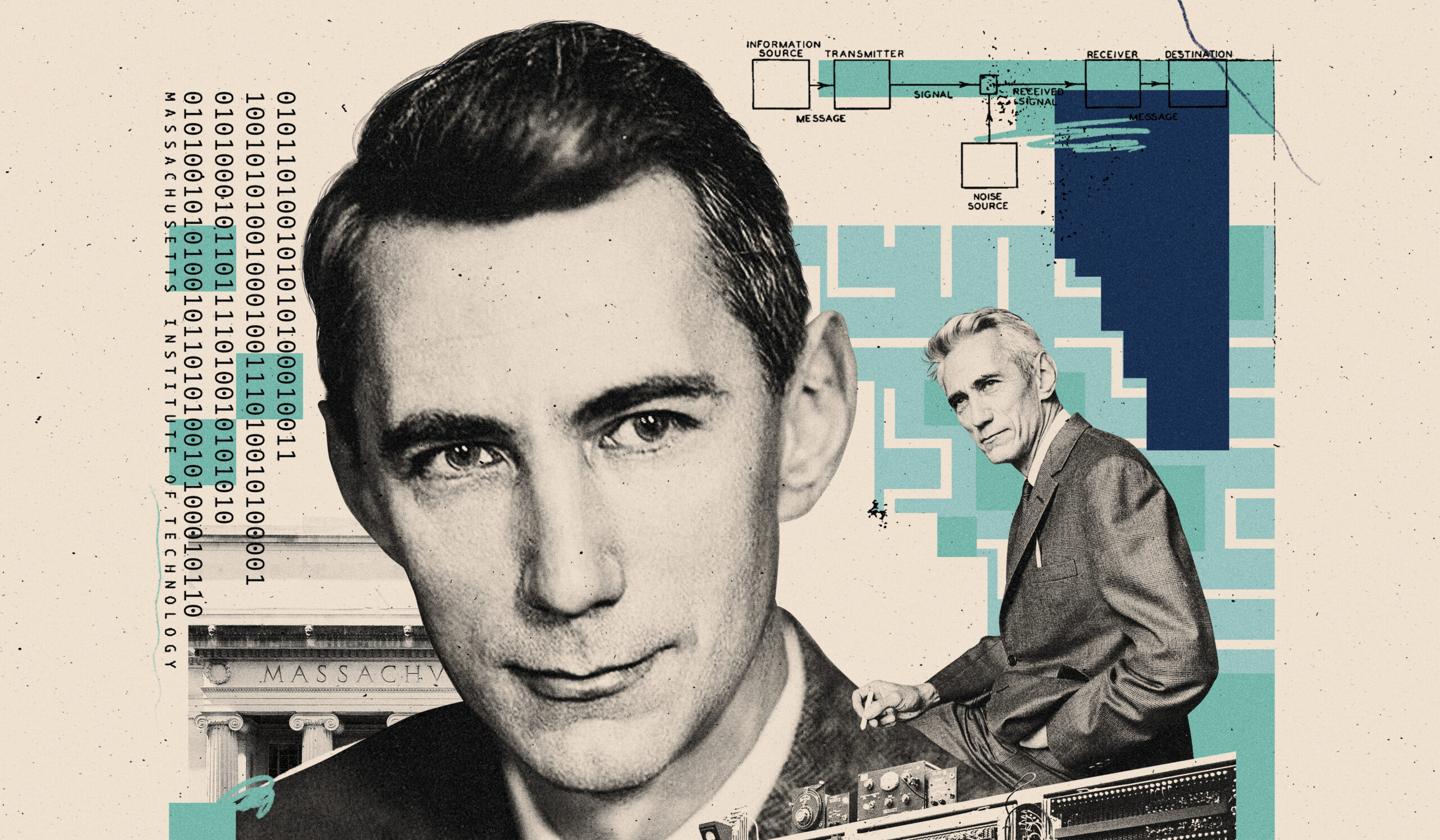 A collage with a grayscale man’s portrait, binary code, circuit diagrams, abstract shapes, and MASSACHUSETTS highlights AI innovation.