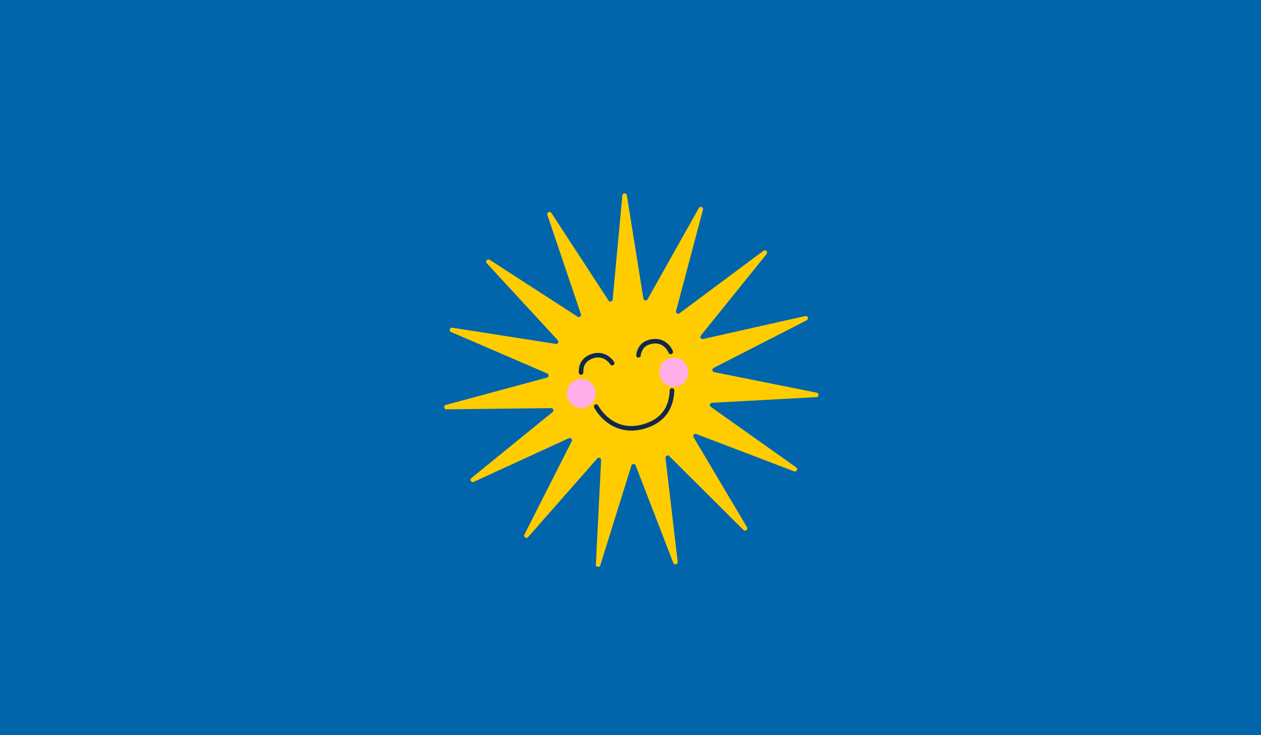 A bright yellow sun with pointed rays, a smiling face, closed eyes, and pink cheeks set against a blue background.