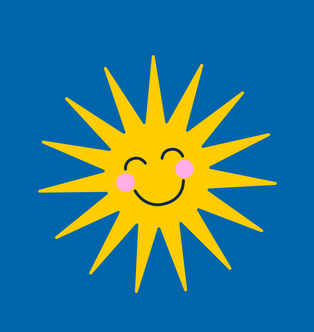 A bright yellow sun with pointed rays, a smiling face, closed eyes, and pink cheeks set against a blue background.
