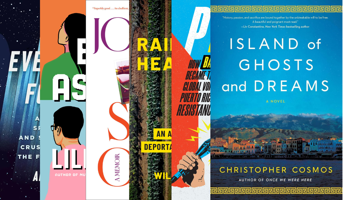 Six colorful, overlapping book covers—including Island of Ghosts and Dreams on the top