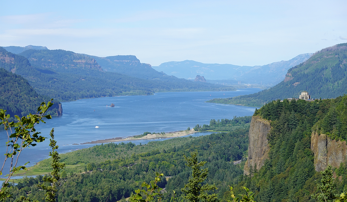 Vista House at Crown Point overlooking the Columbia River Gorge in Multnomah County, Oregon.