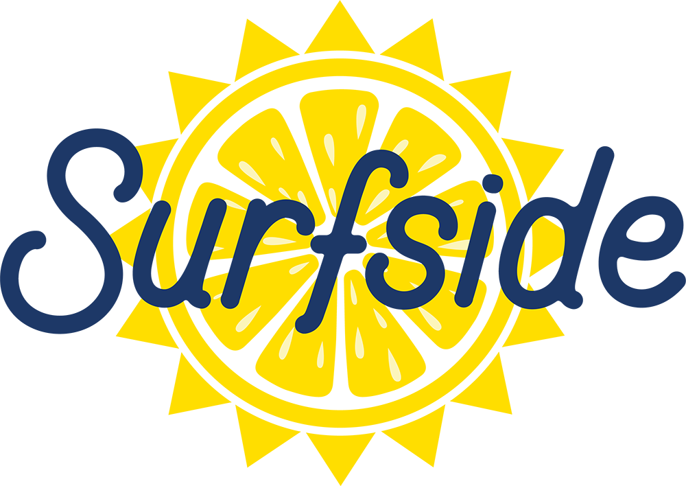 The word "Surfside," in blue script, is overlaid on a bright yellow sun that features a lemon slice pattern inside.