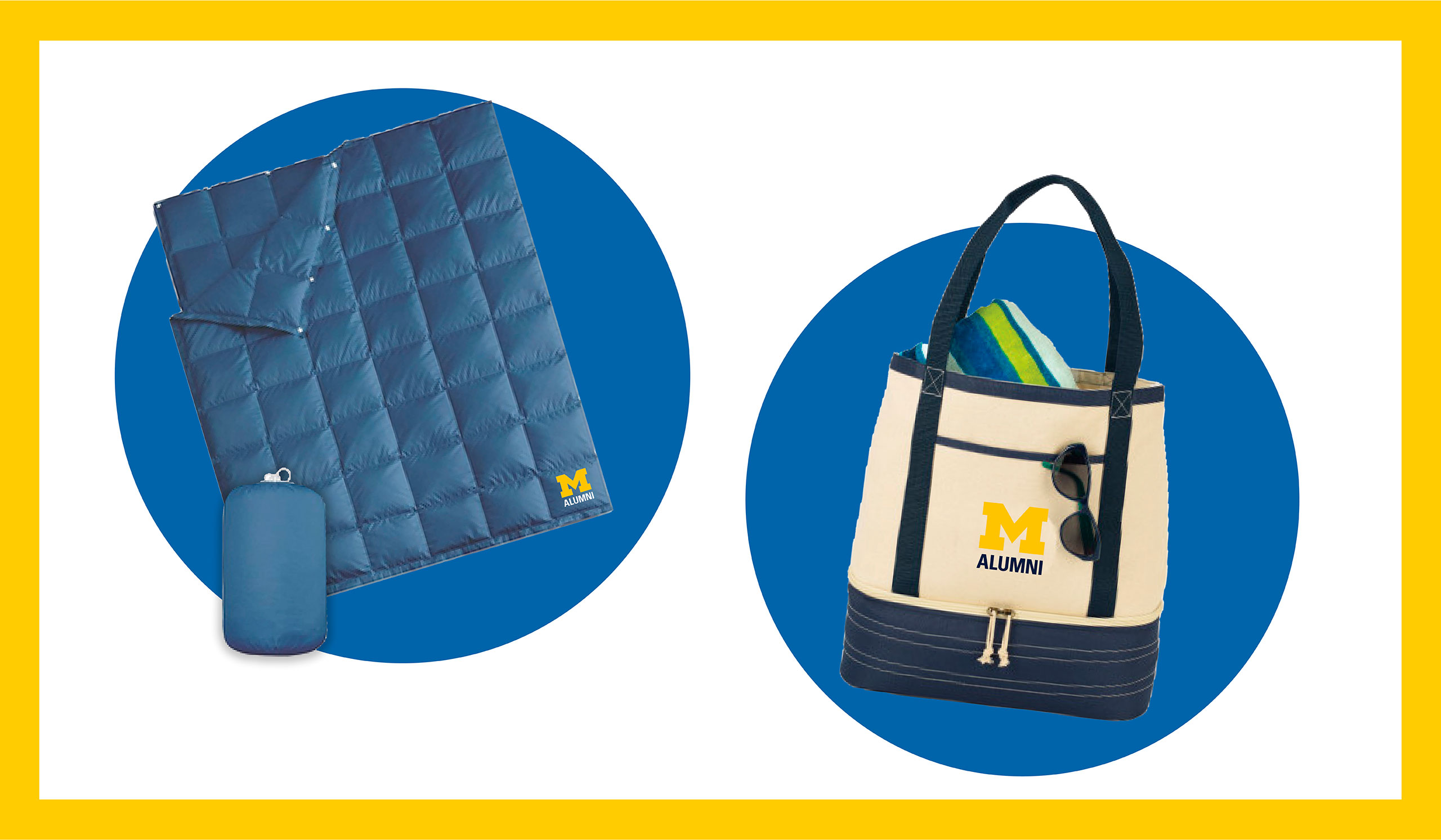 A blue blanket and cream-and-blue tote bag rest on blue circles and a white background inside a rectangular maize outline. Both items feature an M ALUMNI logo.