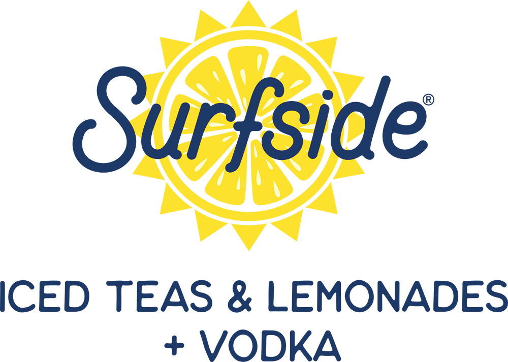 The word "Surfside," in blue script, is overlaid on a bright yellow sun that features a lemon slice pattern inside. Text below says "iced teas & lemonades + vodka."