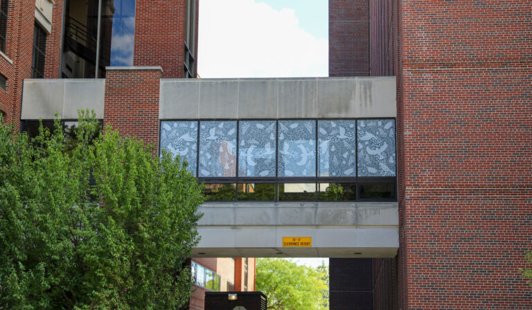 A skywalk links two red brick buildings, with windows featuring a white bird and floral mural.