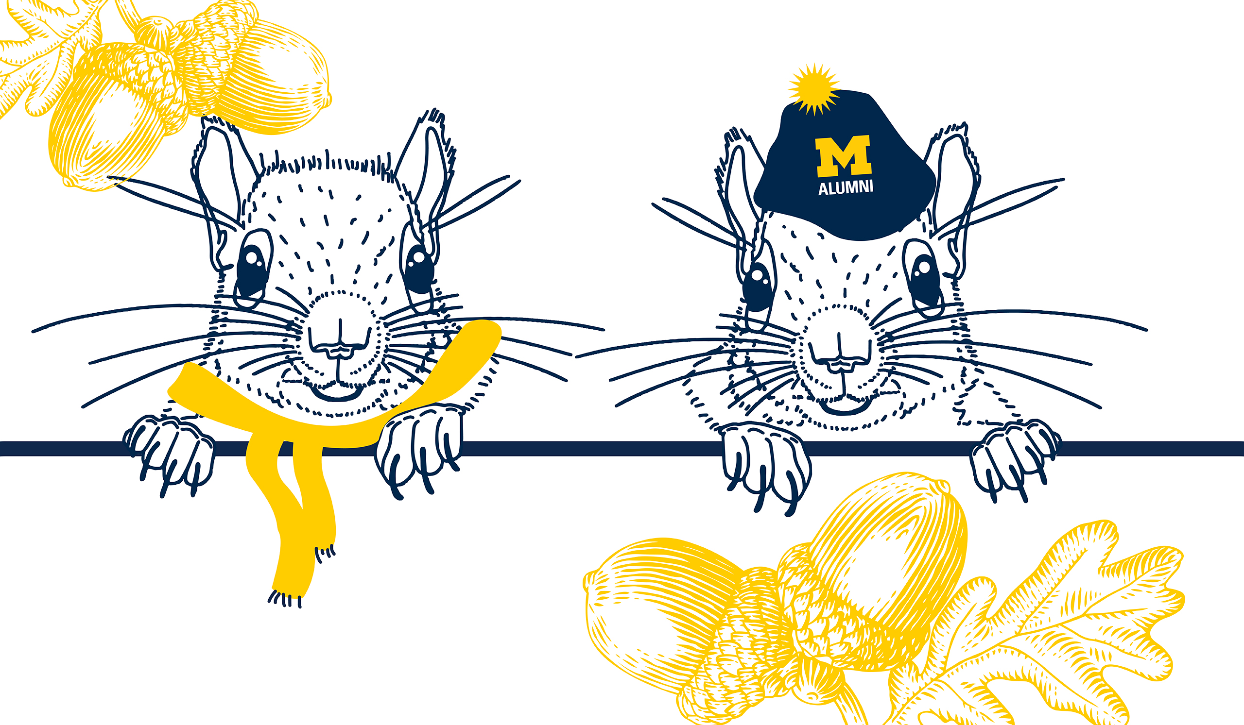 Two illustrated squirrels with acorns and leaves. One wears a maize scarf, and the other wears a blue M Alumni beanie. Maize and blue accents appear throughout the image.