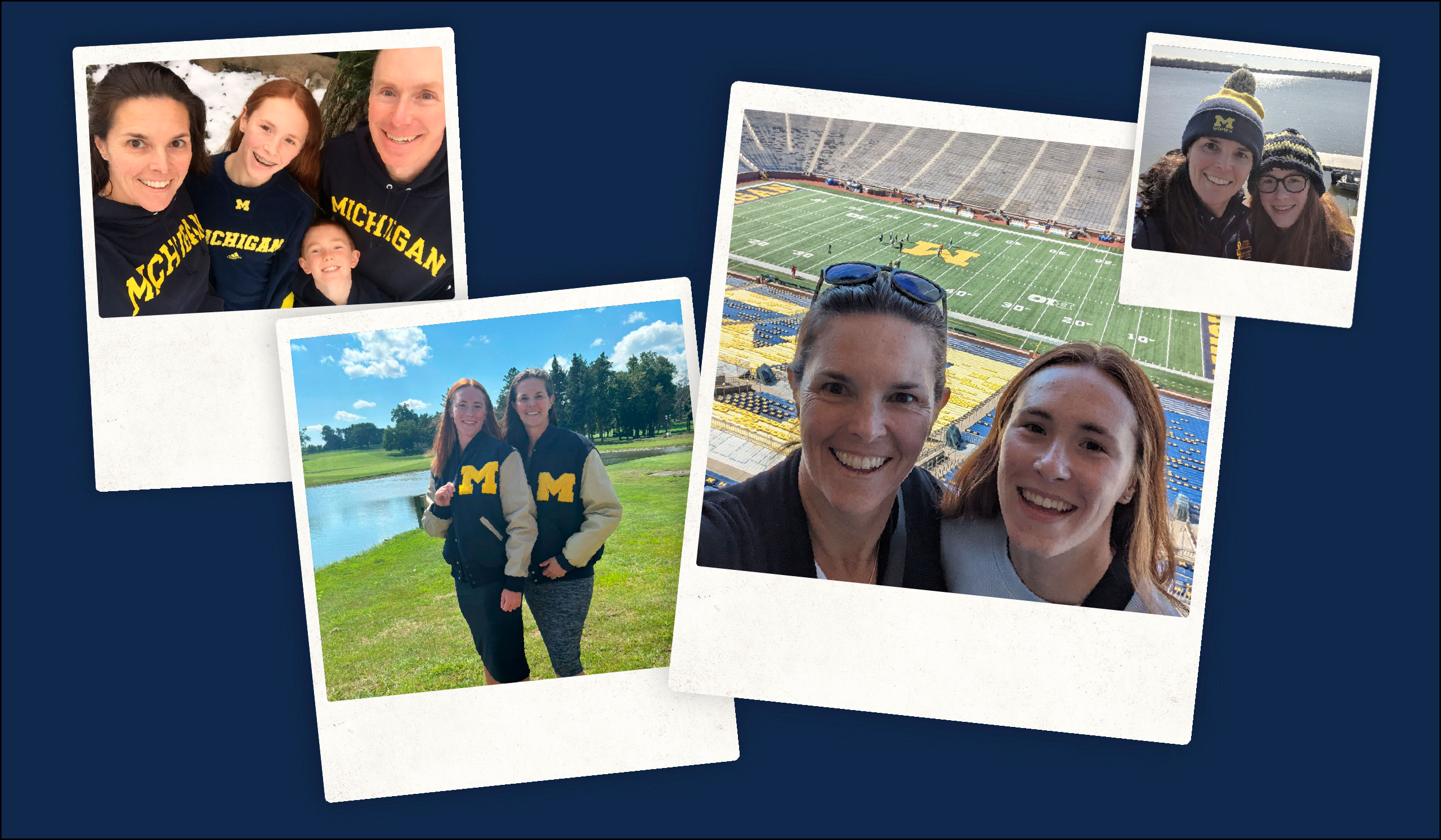 Four Polaroid-style photos of people wearing maize and blue University of Michigan gear at a stadium, a lake, and outdoors.