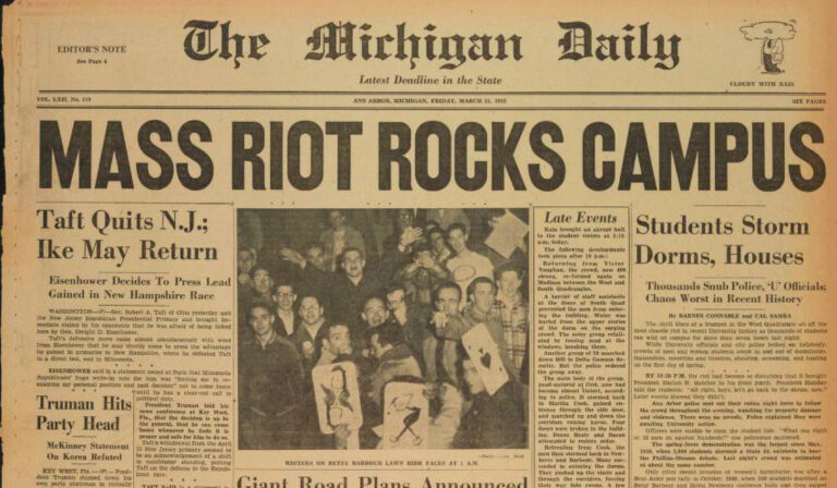 Front page of The Michigan Daily with headline “Mass Riot Rocks Campus,” showing a nighttime crowd.