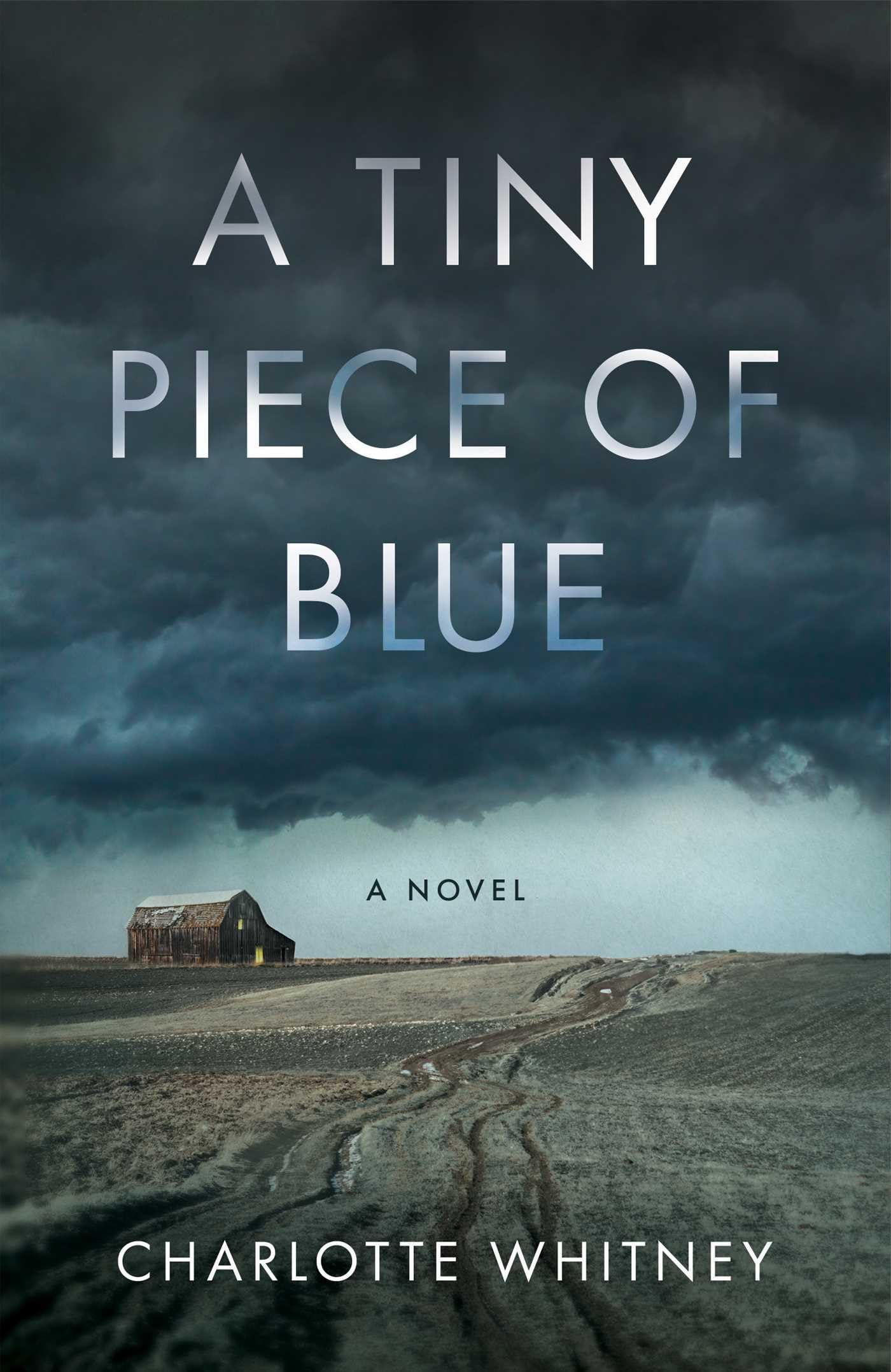 A Tiny Piece of Blue book cover with a large field and a house in the distance, under a dark sky. 