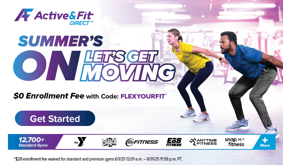 Graphic promoting Active&Fit Direct. Text reads: "Summer's on, let's get moving. $0 enrollment fee with code FLEXYOURFIT."