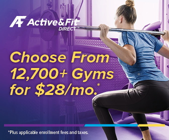 Advertisement for Active&Fit Direct. Choose from 12,700+ gyms for $28 a month with a $0 enrollment fee.