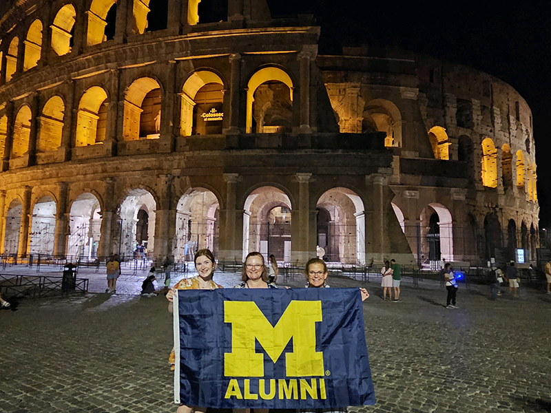 Lindsay Adlhoch, ’23, Julie Adlhoch, ’92, and Bethanie George, ’92, MLS’00, enjoyed a nighttime visit to the Colosseum in Rome to cap off an amazing trip to Greece and Italy.