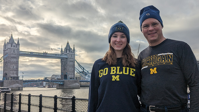 Marshall L. Smith, ’62, MSW’63, sent this photo of his son, Aric Smith, DDS’92, MSE’02, and granddaughter, Alanna Fogle Smith, ’23, on their recent trip to England.