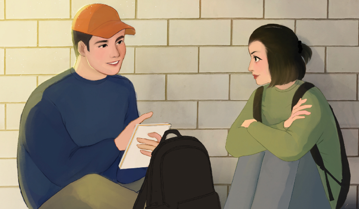 Illustration of two students talking by a wall