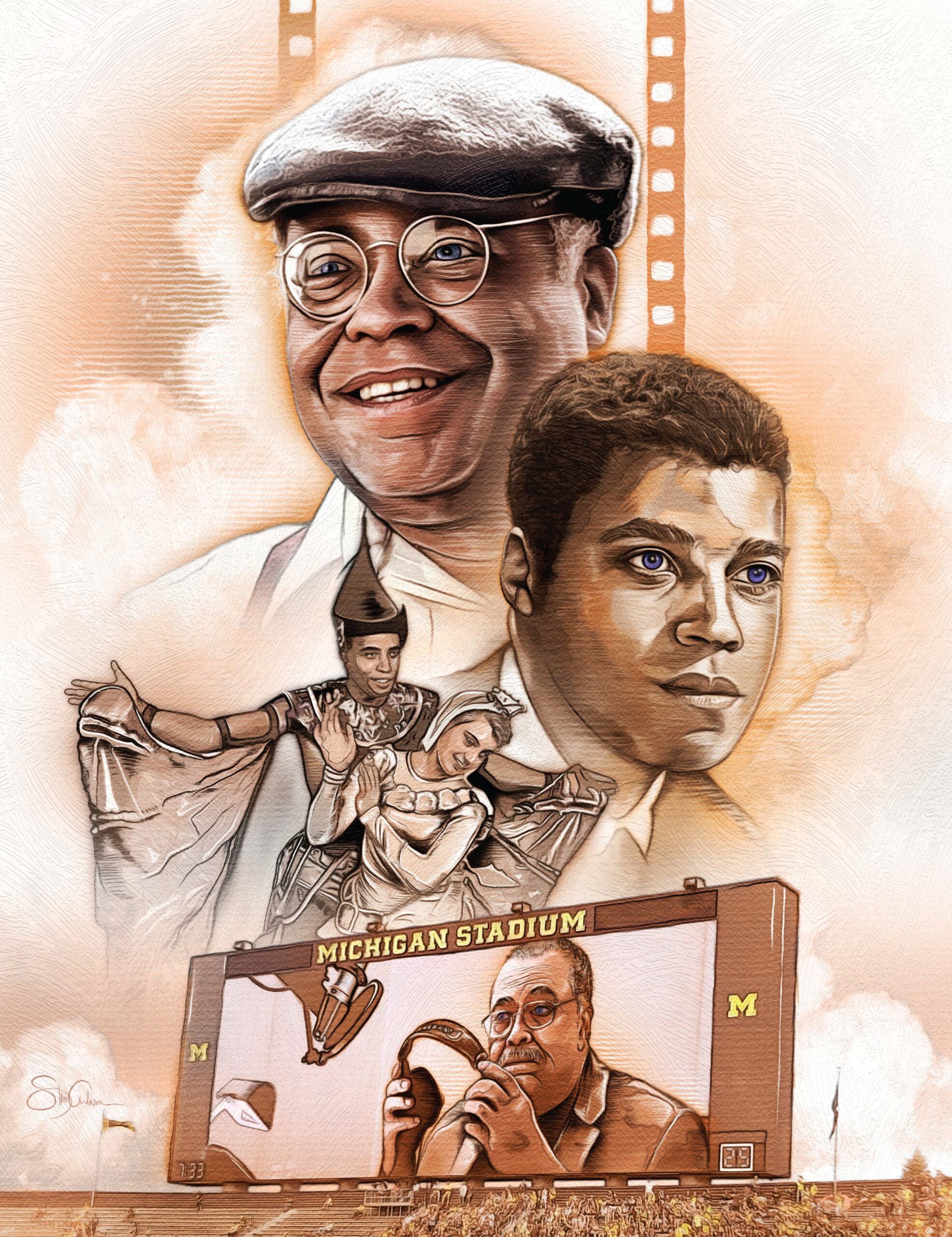 Illustration of James Earl Jones at various points in his life: a portrait of him as young man; an illustration of him as a young stage actor alongside an actress; an older depiction of his role as Terence Mann in the film "Field of Dreams"; and a depiction of his introductory video that plays on the large screen at Michigan Stadium.