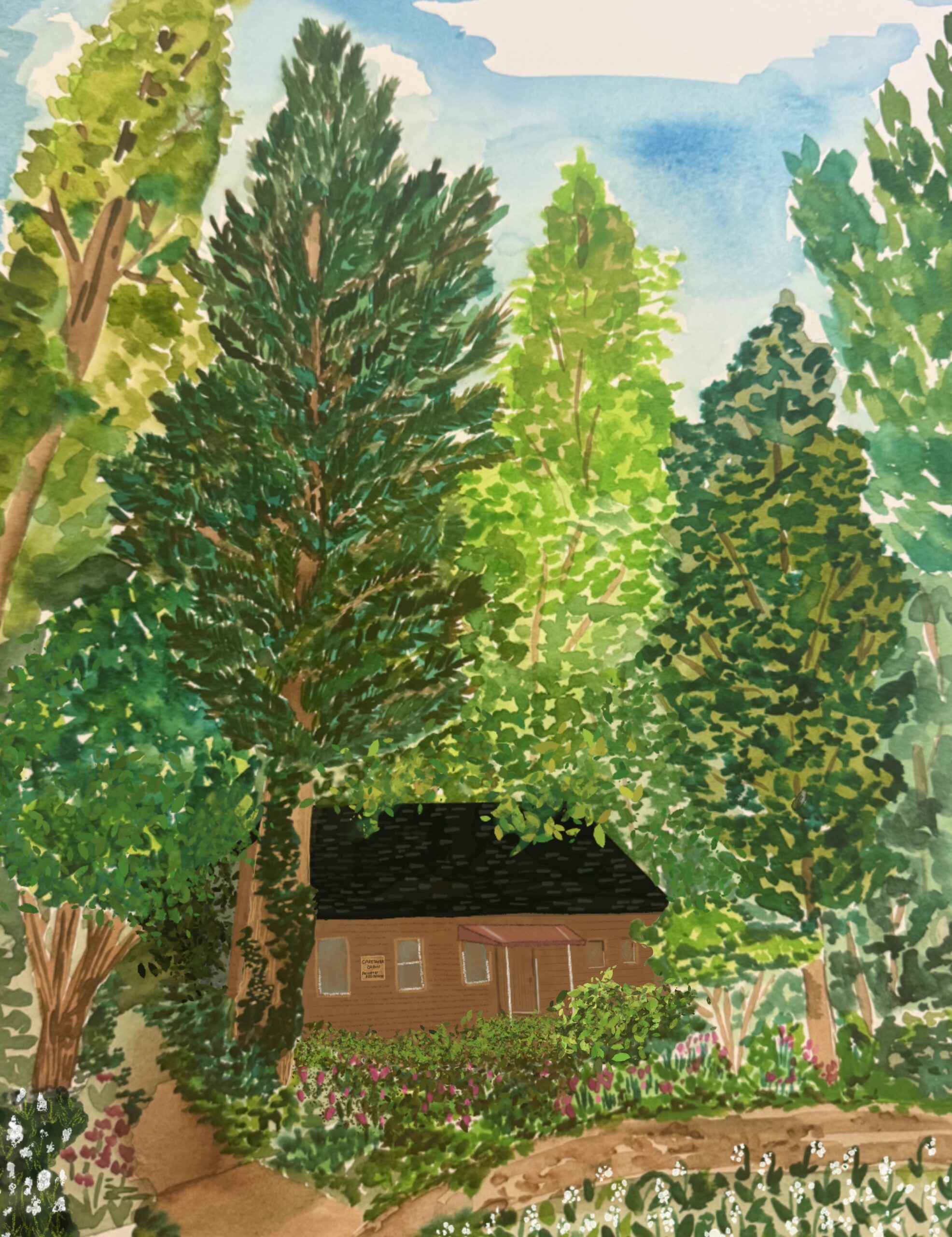 An illustration of the Arb caretaker cabin surrounded by trees.