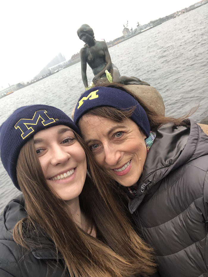 Mary Athans-Bartlett, ’83, visited her daughter, current student Elena Bartlett, who spent a semester studying in Copenhagen, Denmark. During the trip, they got a photo in front of the Little Mermaid.