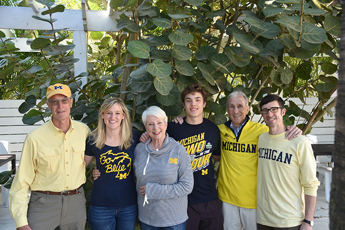 Three generations of U-M students are represented in this photo, taken during a medical mission trip to the Dominican Republic. From left to right are Scott Beall, ’65, MDRES’71, MDRES’74; current student Laura Blum; Ginny Cerny Beall, ’67; current student William Carolan; Charlie Brook, MDRES’74; and Mac Beall, MD’99. The six were part of a 34-person team sponsored by Village Presbyterian Church in Prairie Village, Kansas, but those pictured are from as far away as Portland, Oregon, and Ann Arbor.
