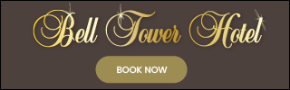 Text that says "Bell Tower Hotel" with a "Book Now" button.