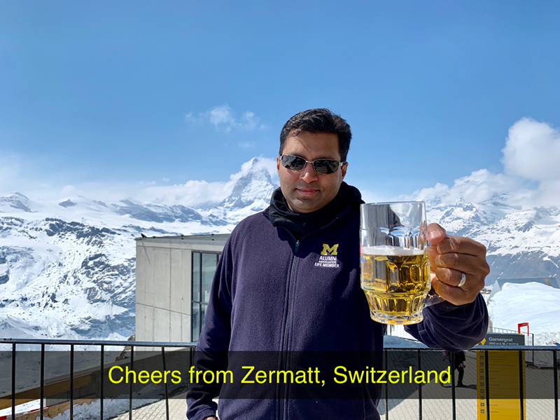 Nitin Bhatia, ’99, gives cheers from Zermatt, Switzerland. Bhatia serves as co-president of the U-M Club of Northern New Jersey.