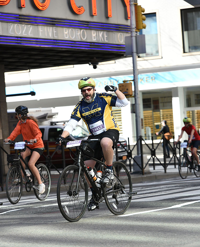 Jeffrey Blivaiss, ’98, showed his Maize and Blue pride during New York City’s TD Five Boro Bike Tour in May.